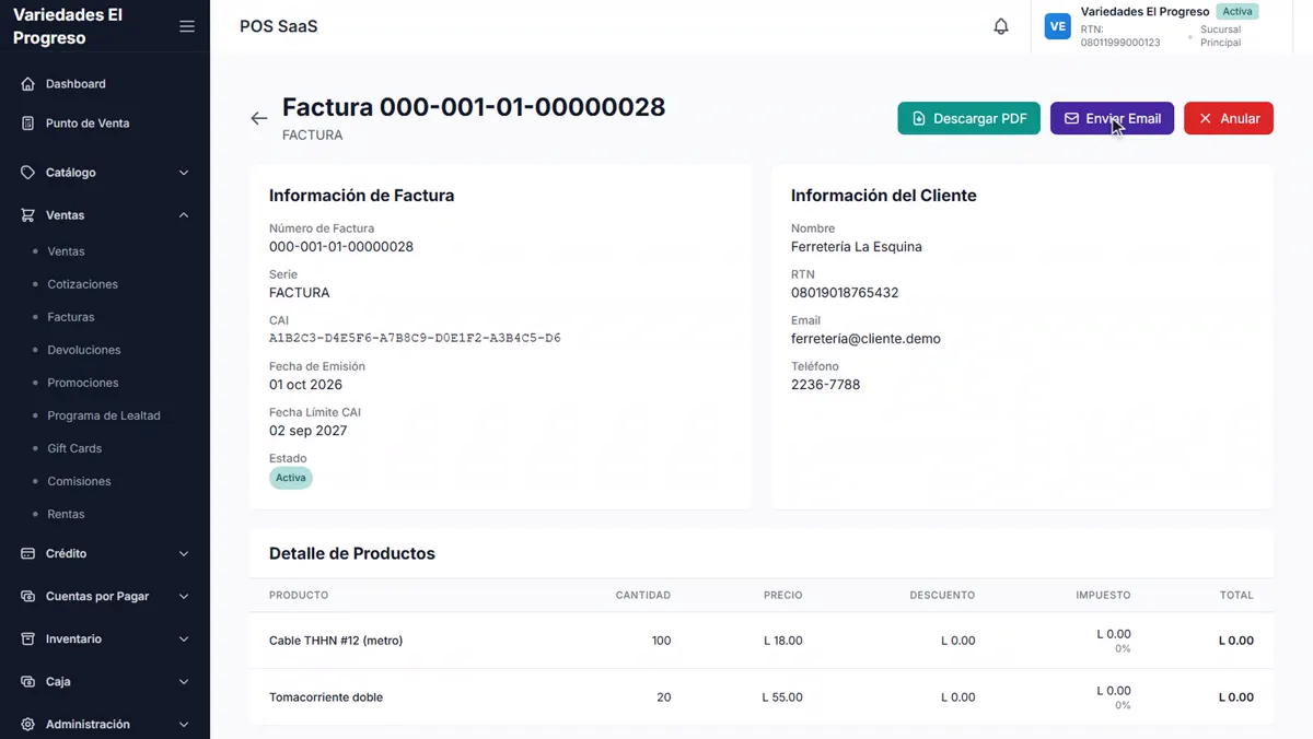 Factura de VexoPOS con su número, el CAI y la fecha límite