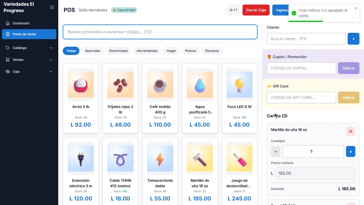 Pantalla del punto de venta de VexoPOS: productos con foto y precio a la izquierda, carrito y formas de pago a la derecha